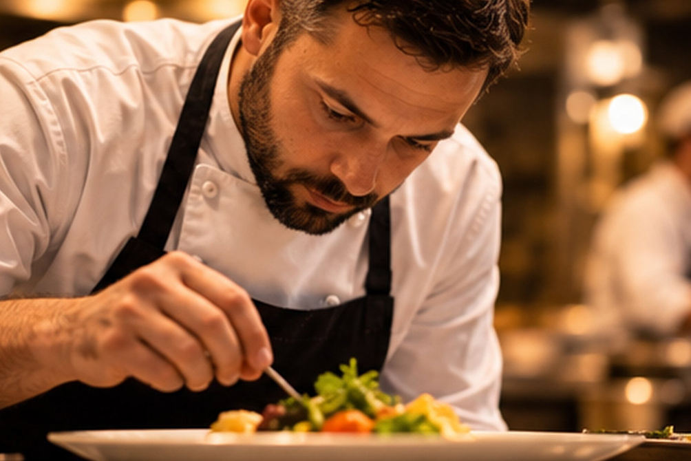 Chef impegnato nella preparazione di un piatto in cucina professionale