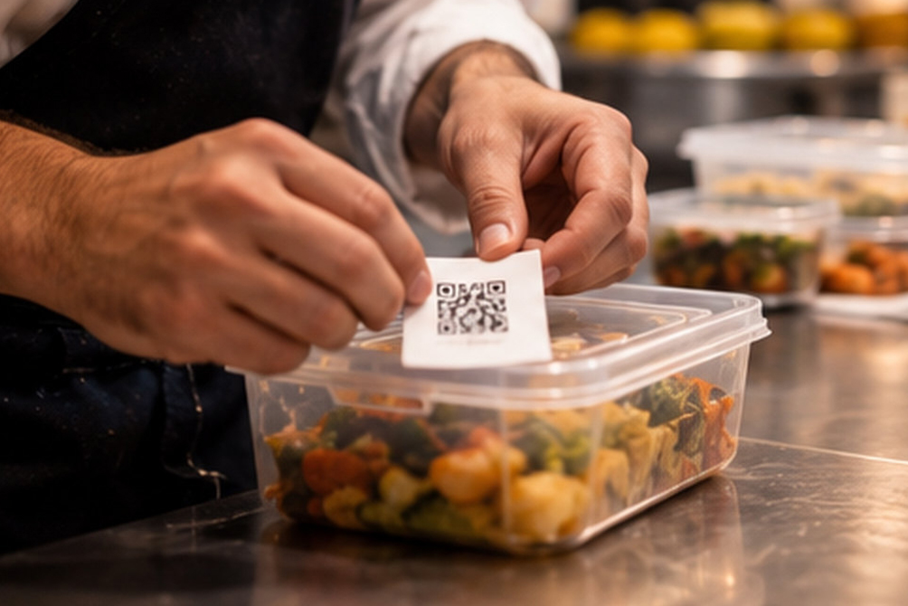 Addetto di cucina applica una etichetta con codice QR a un contenitore