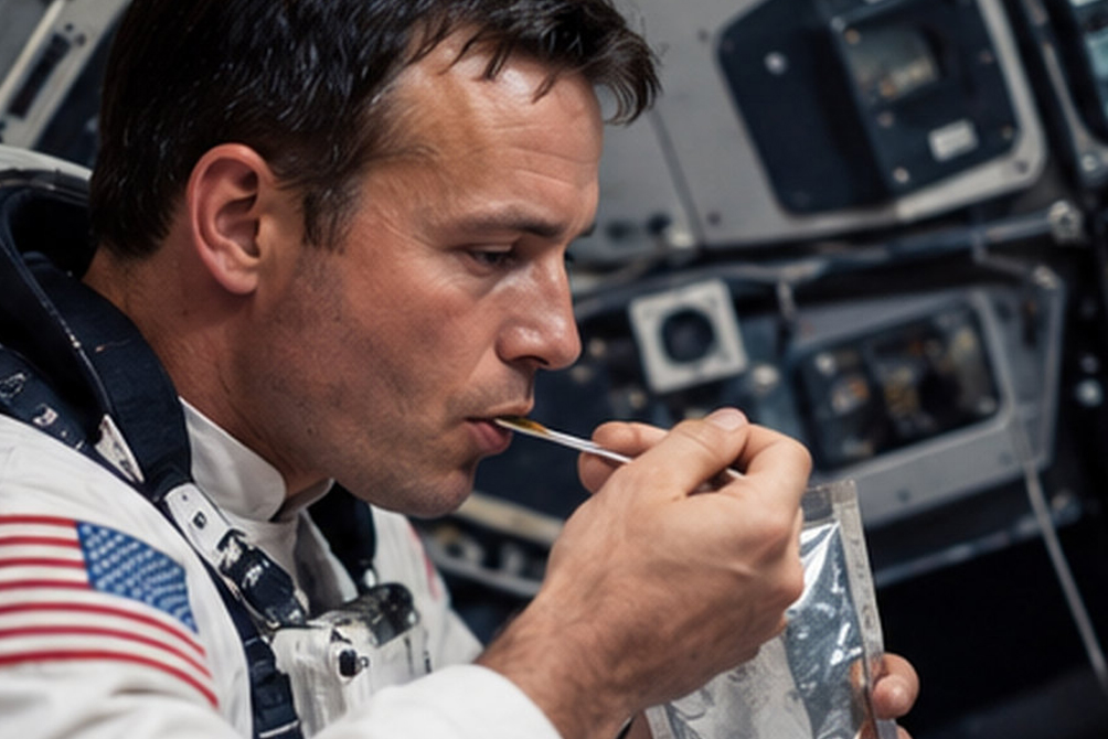 Astronauta all’interno di una capsula spaziale mentre consuma alimenti confezionati